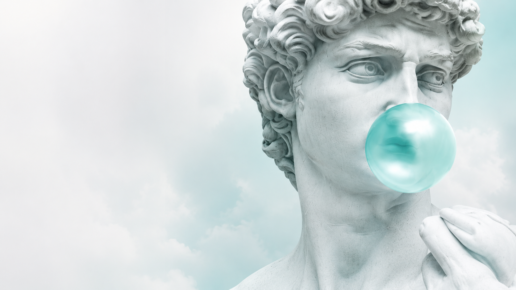 Classical statue blowing a teal bubble